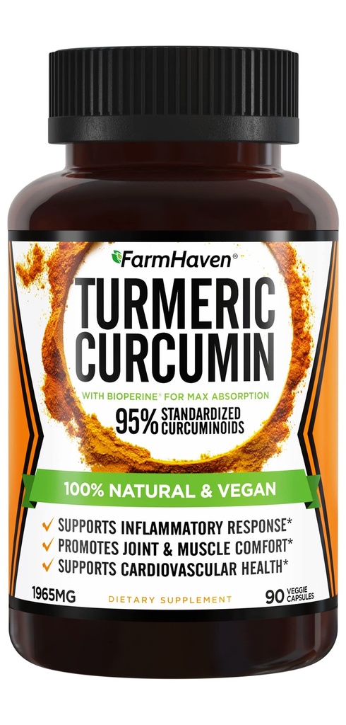 Kurkumina kurkumina z BioPerine Black Pepper & 95% Kurkuminoidy, 1965mg, Maksymalna absorpcja do wspólnego wsparcia, Kapsułki niezawierające GMO Turmeric, Made in USA - 90 Czapki Veg