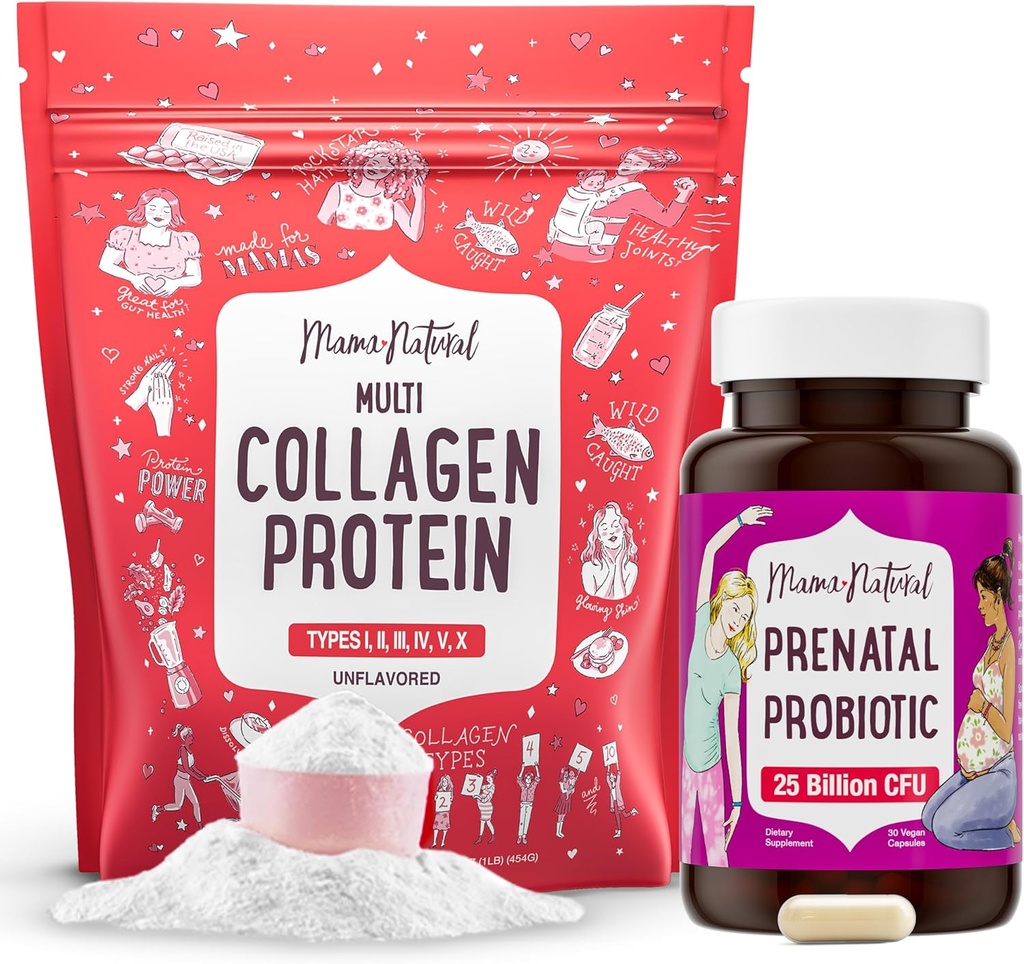 Mama Natural Prenatal Probiotic & Multi Colagen Protein Bundle - 25 Billion CFU & 11g hydrolizowane peptydy Collagen dla ciąży, włosów, skóry, paznokci i wsparcia zdrowia