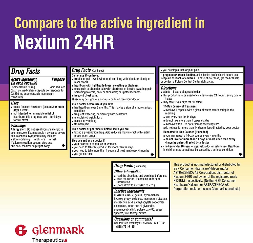 Glenmark Terapeutyka Esomeprazol Magnezu USP 20 mg, Opóźnione uwalnianie kapsułki, Zabiegi częste Heartburn, 42 Kapsułki