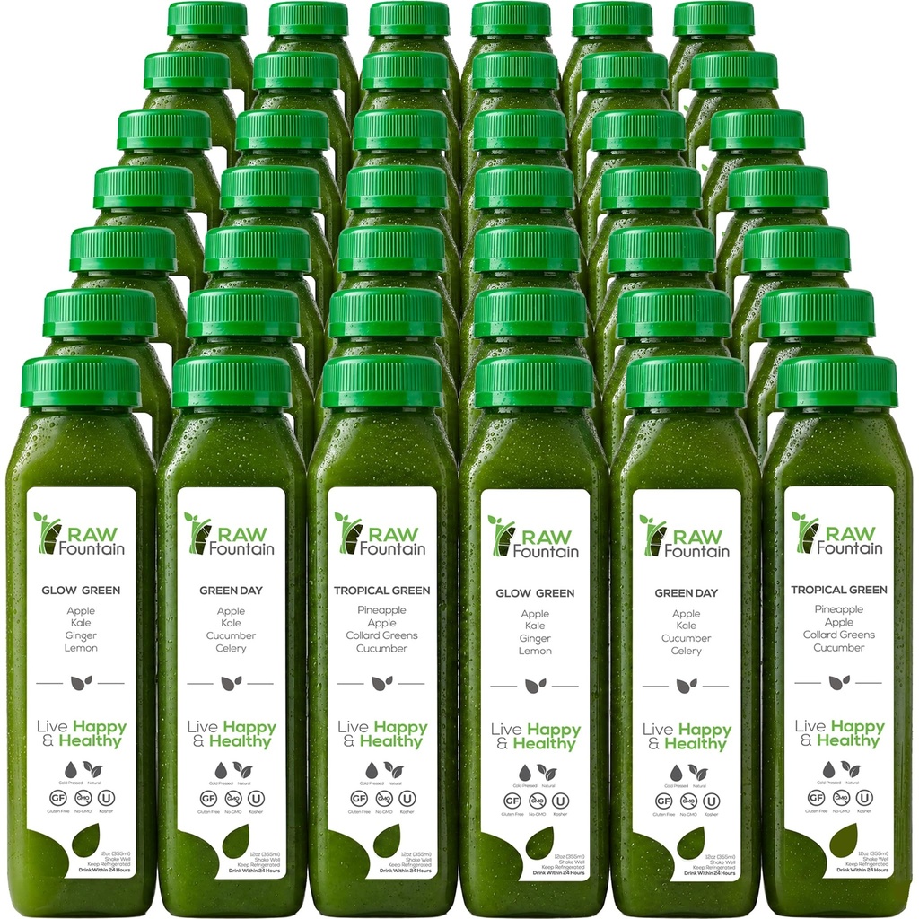 7 dni Green Juice Cleanse Surowy Fontanna, Wszystkie naturalne Surowiec, Detox wegański, Sok prasowany na zimno, 42 butelek 12oz, 3 Ginger Shots
