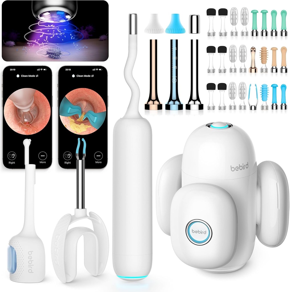 BEBIRD Home 30S System do pielęgnacji uszu - Czyściciel kanału ucha z elastyczną kamerą FHD, UVC LED światło, wizualny kroplomierzem Ear- Drops, Wax narzędzia do usuwania pędzli do czystego ucha, 3 Zestaw Zestawy do czyszczenia dla dorosłych / dzieci