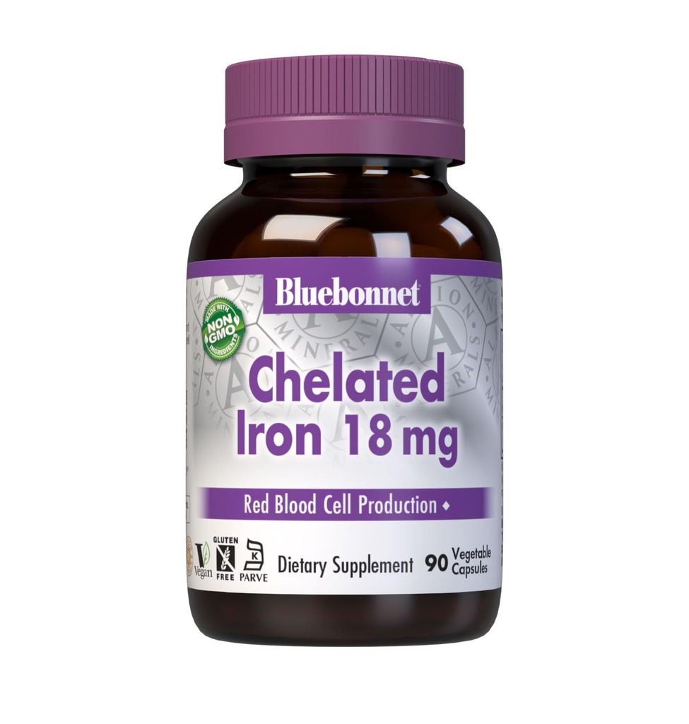 Bluebonnet Nutrition Chelated Żelazo 18 mg - niewzmocnione Żelazo - Bezsojowe, Glutenowe, Non- GMO, Kosher Certified, Dairy-Free, Wegan - 90 Kapsułki warzyw, 90 Słupki