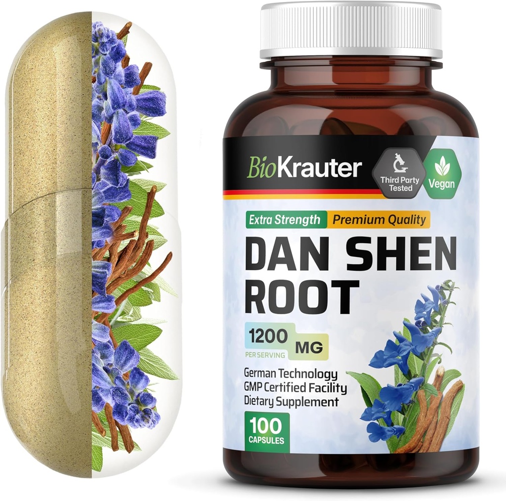 BIO KRAUTER Dan Shen Korzeń Kapsułki - 1200 mg Moc - 100 Czerwonych Czapek Szałwia - Źródło przeciwutleniające - Salvia Miltiorrhiza Root - Wegan
