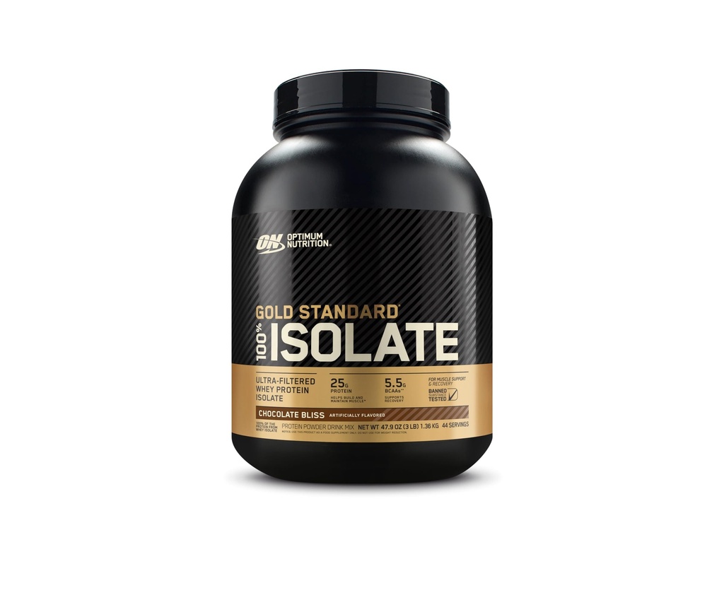 Optimum Nutrition Gold Standard 100% Izolat, Proszek białkowy, Czekoladowy Bliss, 3 Funty, 44 Sługi. Izolat białka serwatki (opakowanie w maju)