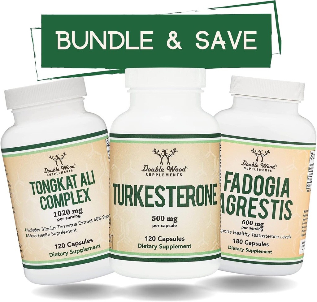 Double Wood Supplements Tongkat Ali, Fadogia Agrestis, and Turkesterone Bundle - Ultimate Mężczyzna Health Bundle for Athletic Performance Support