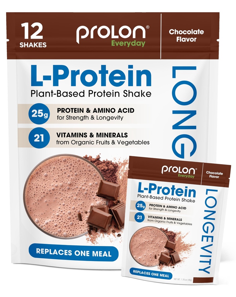 Prolon Longevity Plant w proszku proteiny 124; Synteza mięśni & Naprawa, Zdrowe starzenia, Boost Performance 124; Witaminy, Gluten Free, Amino Acids, Przeciwutleniacze 124; 25g białka 124; Czekolada, 12 Pakiety