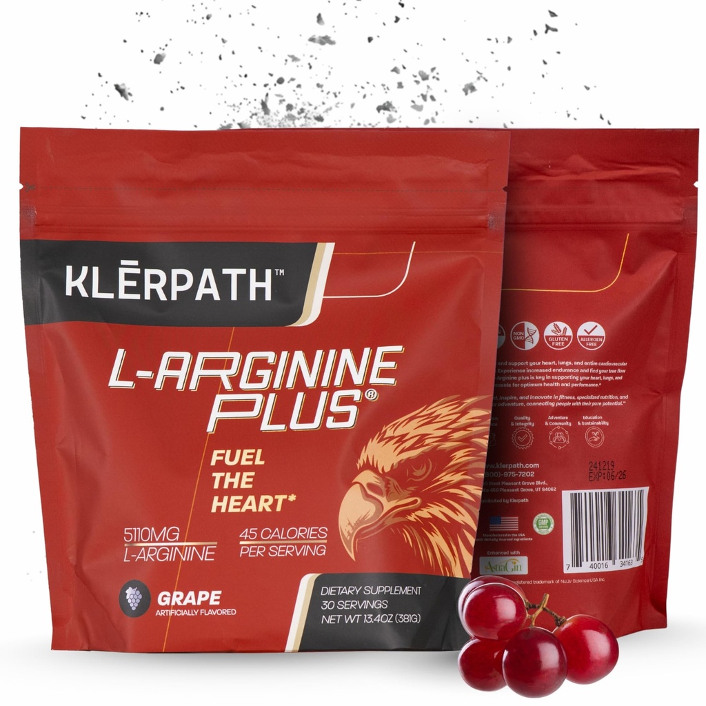 L-Arginine Plus Powder with 5110 mg L-Arginine and 1010 mg L-Citrulline - Nitric Oxide Supplement for Blood Flow and Circulation - Grape Flavor 13.4 Ounces