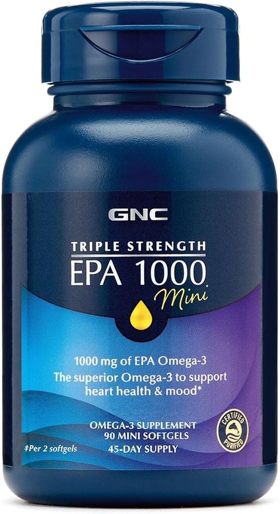 GNC Triple Strength Fish Oil EPA 1000 Mini, 1000mg Omega 3, Mini Softgels, Supports Eye, Mózg, Skóra, Zdrowe Triglicerydy, Serce, Joint, Pokryte do kontroli Pęknięcia ryb, 45 Służenie