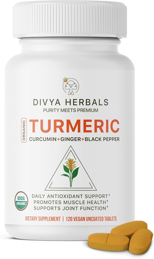 Organic Turmeric & Ginger + Black Pepper - 100% Pure Whole Roots, Nieprzetworzone, Niepowlekane, Autentyczny Mieszanka Ayurvedic - Wspiera Wspólne Zdrowie i Immunitet - 120 Vegan Tabs
