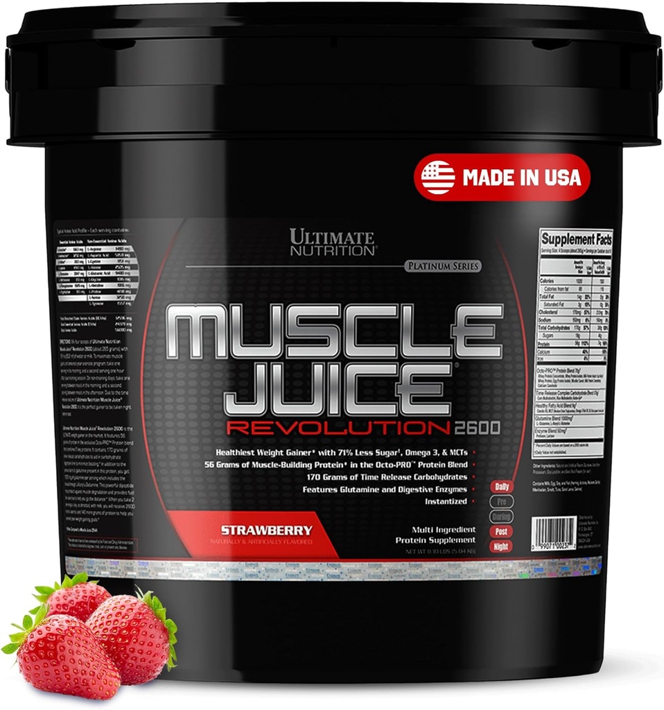 Ultimate Nutrition Muscle Juice 2600 Revolution, Weight Gain Drink Mix - Mass Gainer Workout Powder Supplement for Lean Muscle Growth & Recovery with 56g Protein Blend - Truskawka, 11.105lb