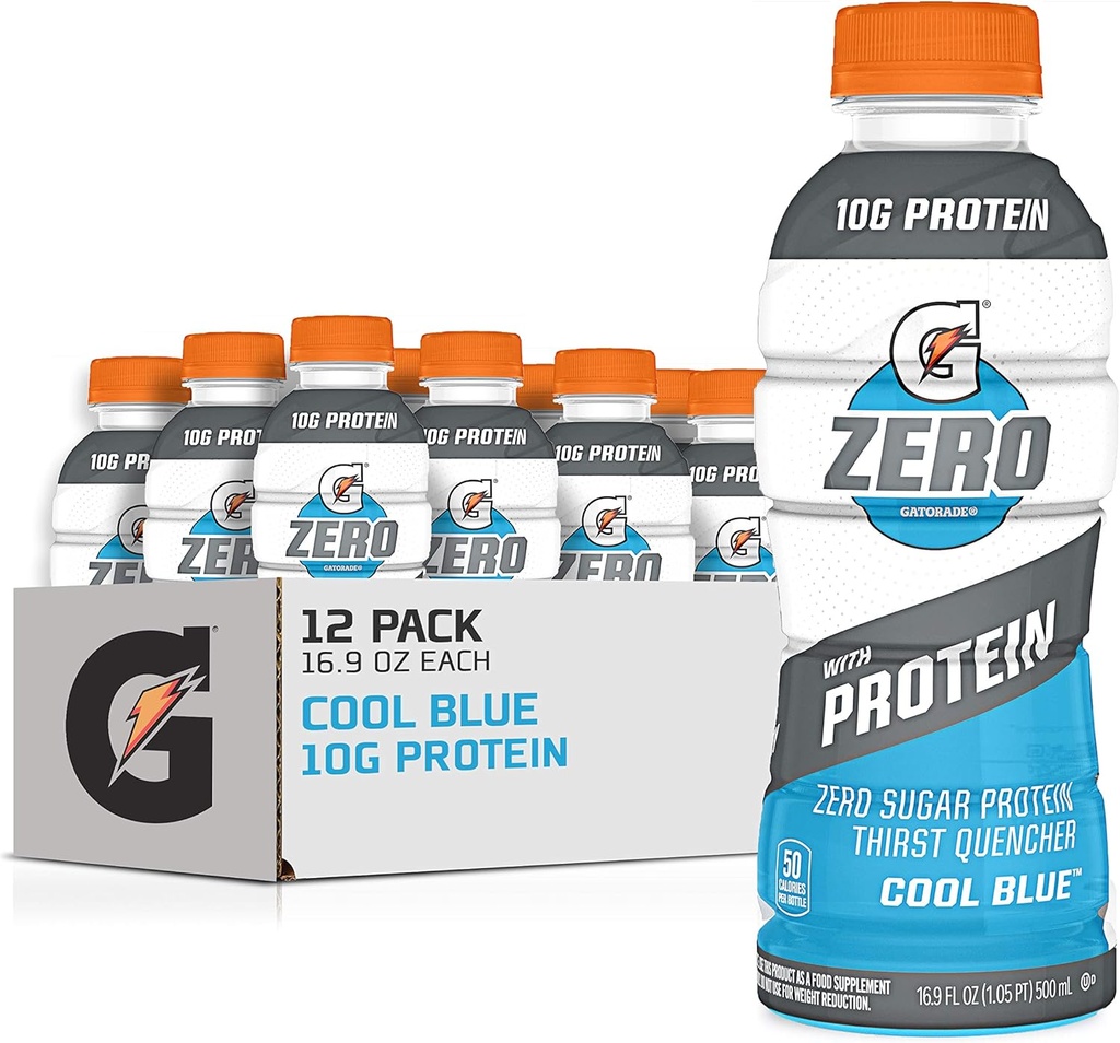 Gatorade Zero z białkiem, 10 g izolatu białka serwatki, zero cukru, wegetariańskie, płynne elektrolity, Cool Blue, 16.9 Fl Oz butelka, 12 opakowań
