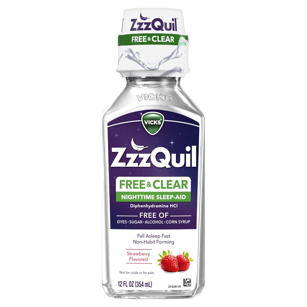 ZzzQuil, Nighttime Sleep Aid Liquid, SREE OF Alcohol & Sztuczne barwniki, 50 mg difenhydraminy HCl, No.1 Sleep Aid Brand, Fall Asleep Fast, Non-Habit Forming, Soothing Berry Flavor, 12 FL OZ