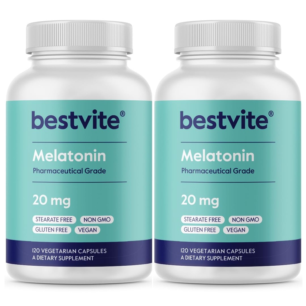 BESTVITE Melatonina 20mg (240 Kapsułki wegetariańskie) (120 x 2) - Brak stearynianów - Wegan - Nie GMO - Bez glutenu
