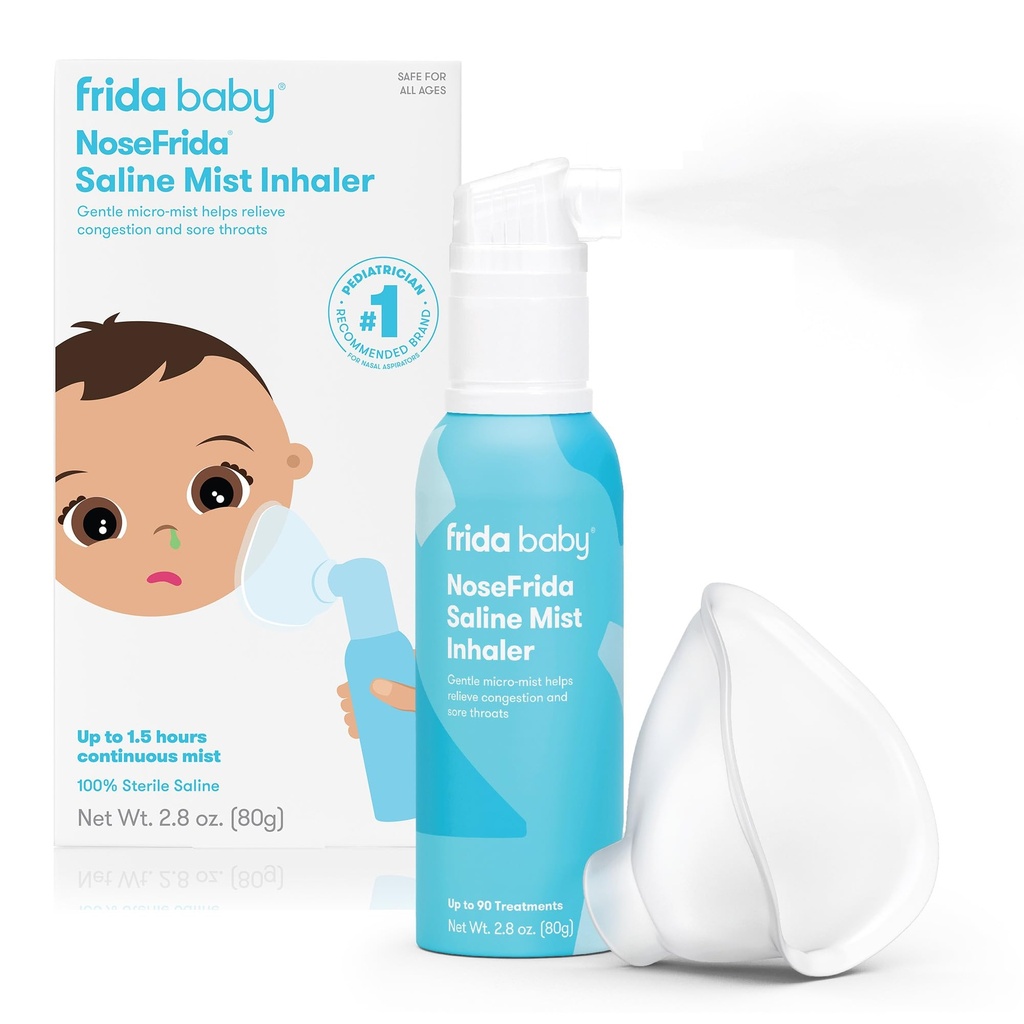 Frida Baby NoseFrida Saline Mist Nasal Inhaler, Decongestant spray for Congestion & Allergy Relief for Babies + Kids, Nasal Saline Spray, Soothes Stuffy Nose & Sore Throat, Zawiera maskę