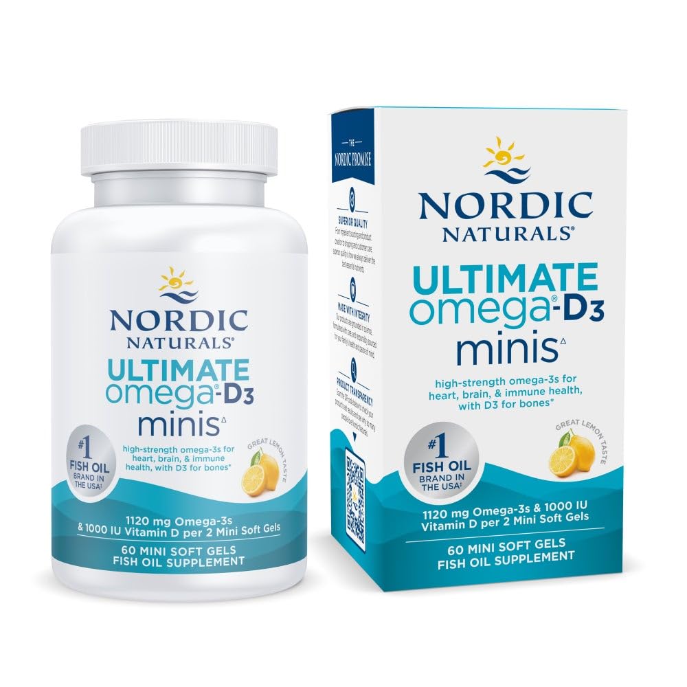 Nordic Naturals Ultimate Omega Mini D3, Lemon Flavor - 60 Mini Soft Gels - 1120 mg Omega-3 + 1000 IU Witamina D3 - EPA & DHA - Promotes Brain & Heart Health - 30 Servings