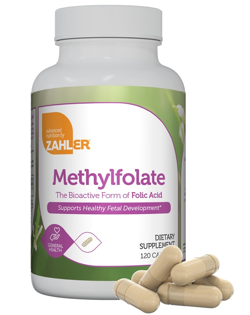 Zahler Methylfolate - wspomaga zdrowy rozwój płodów i zdrowie genetyczne - Methylled Folic Acid from 1000 mcg DFE L- Methylfolate - Kosher Non GMO Methyl Folate Supplement for Women (120 kapsułki)