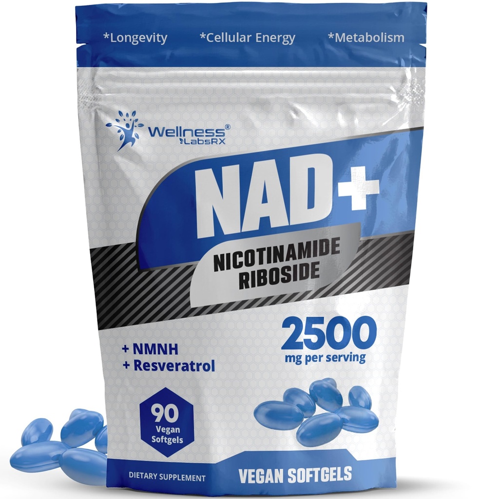 WELLNESS LABSRX Liposomal NAD + Suplement - Trzyczęściowy Tested NAD Softgels Nikotynamid Riboside Resveratrol - 2500mg Liposomal NAD Suplementy dla kobiet - Wsparcie długowieczności - Made in USA