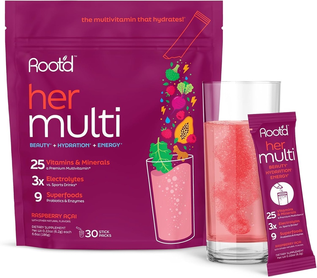 Root 'd Multivitamin proszek dla kobiet - 25 witamin i minerałów z 3X Electrolytes, 9 Organic Superfoods, Probiotyki i enzymy, Bezcukrowe Multivitamin & Hydration Pakiety mieszanki witaminy 124; 30
