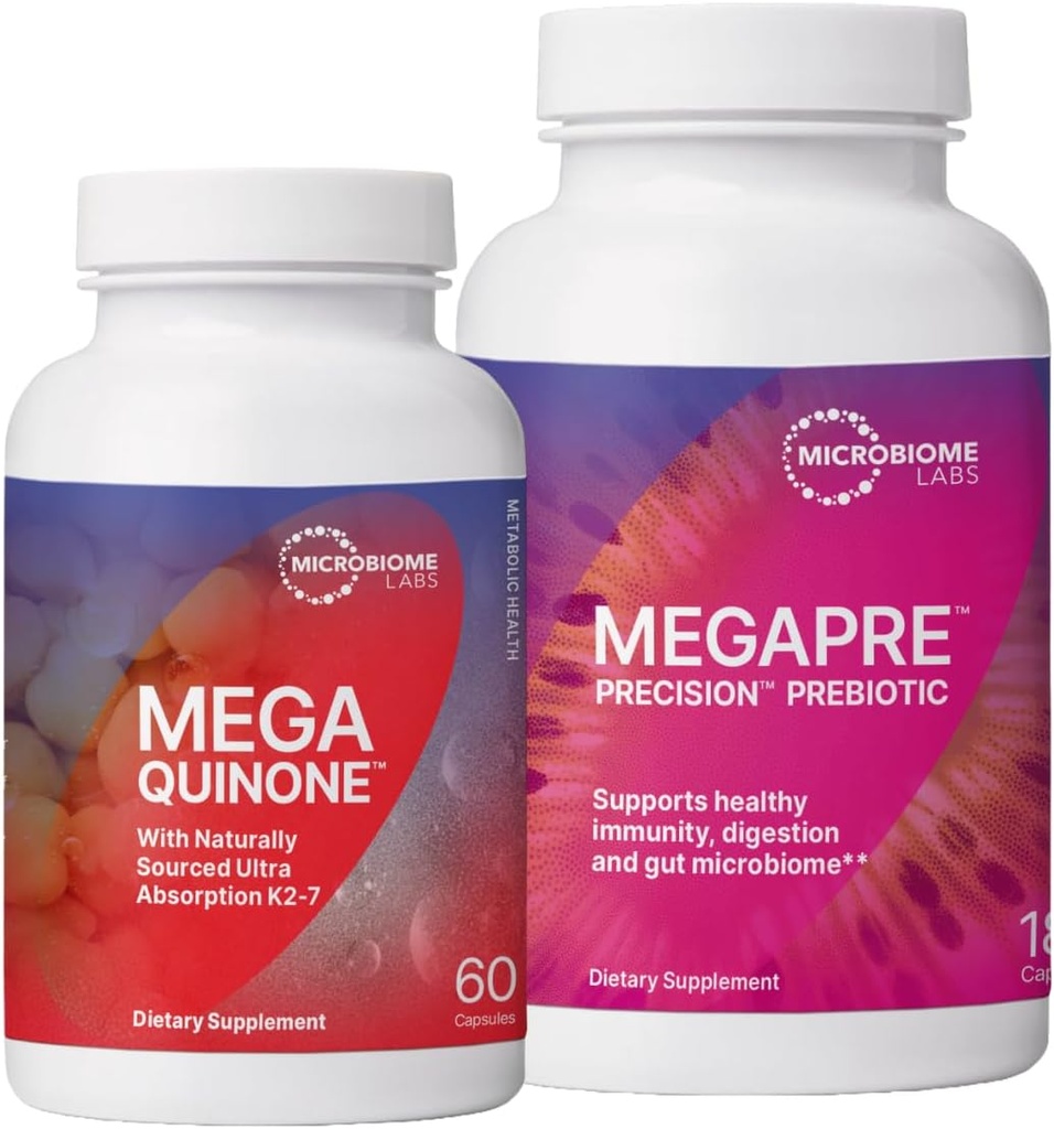 Mikrobiome Labs MegaPre Prebiotyczne do wsparcia trawienia i gut Bariera (180 Kapsułki) + MegaQuinone K2- 7 Kompletny suplement witaminy K z magnezu, Cynk (60 Kapsułki) - 2 Pasek produktów