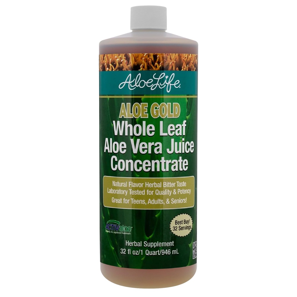 Aloe Life - cały sok z liści Aloe Vera, Certified Organic, Gluten- Free (Aloe Gold, 32 oz)