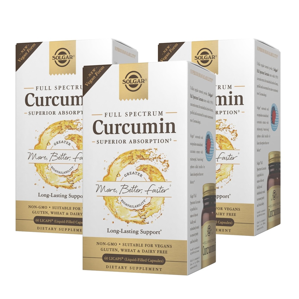 Solgar Full Spectrum Curcumin - 60 LiCaps, Pack of 3 - Superior Absorption - Mózg, Joint & Immune Health - Non- GMO, Wegan, Gluten Free, Dairy Free - 180 Razem Sługi