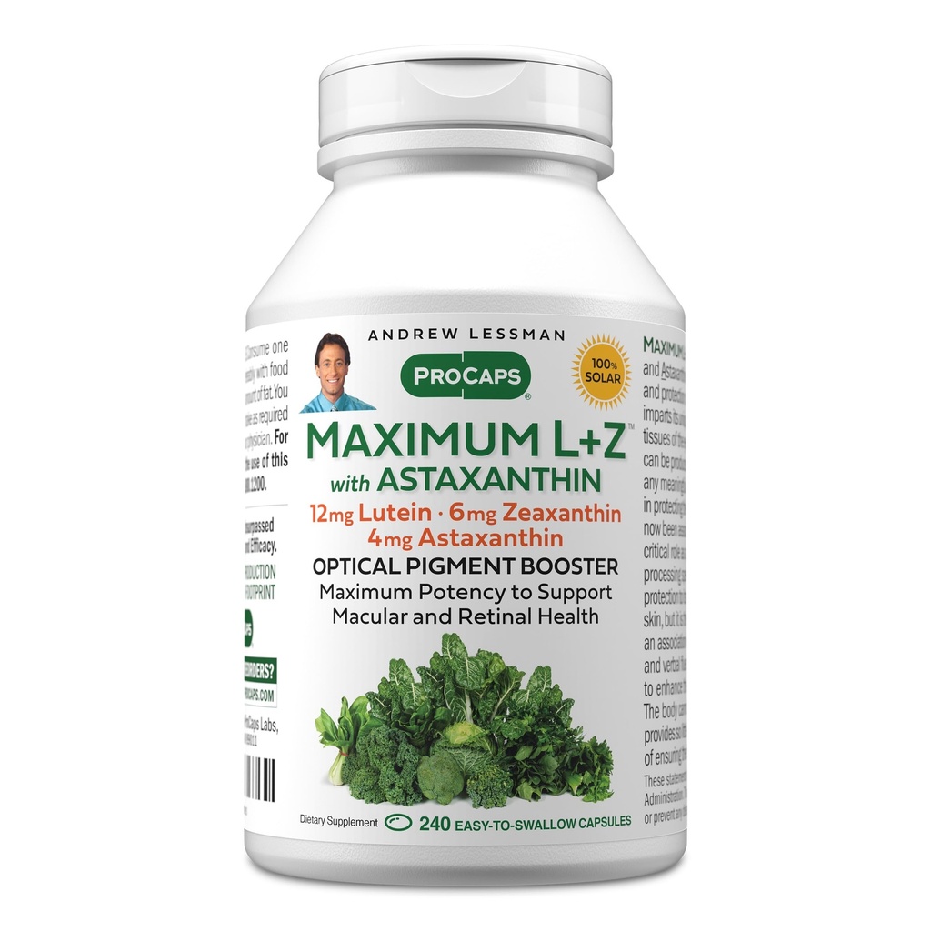 ANDREW LESSMAN Maximum L + Z z Astaksantyną 240 Softgels - 12 mg Luteina, 6 mg Zeaksantyna, 4 mg Astaksantyna. Kluczowe składniki odżywcze wspomagające zdrowie oczu i mózgu oraz promujące zdrowe widzenie.