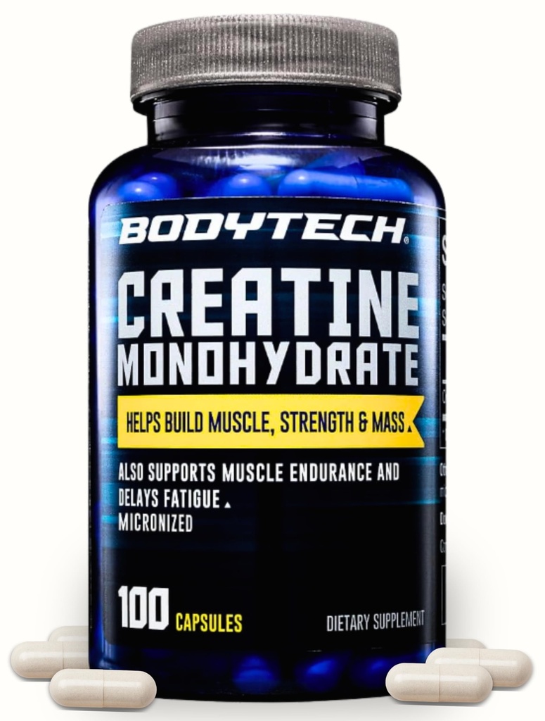 BODYTECH Kreatyna monohydrat kapsułki a Mikronizowane Wspomaga wytrzymałość mięśni, Masa, i Endurance (100 kapsułki)