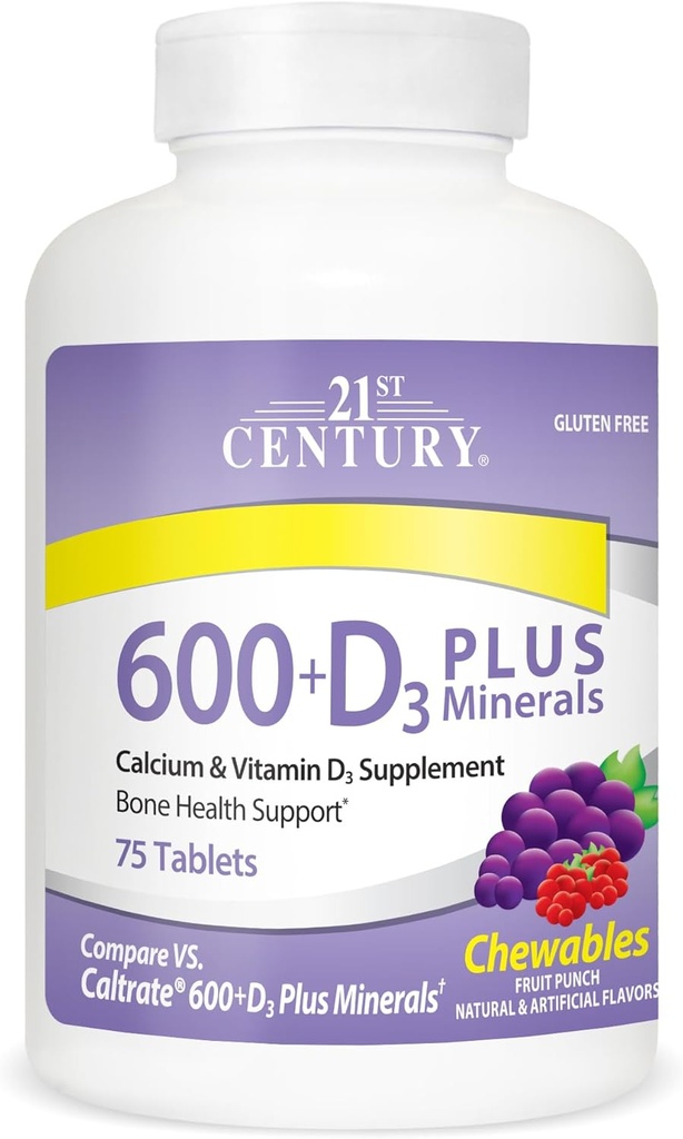 21 Century Wapń 600 mg + D Plus Minerały do żucia tabletki, 75