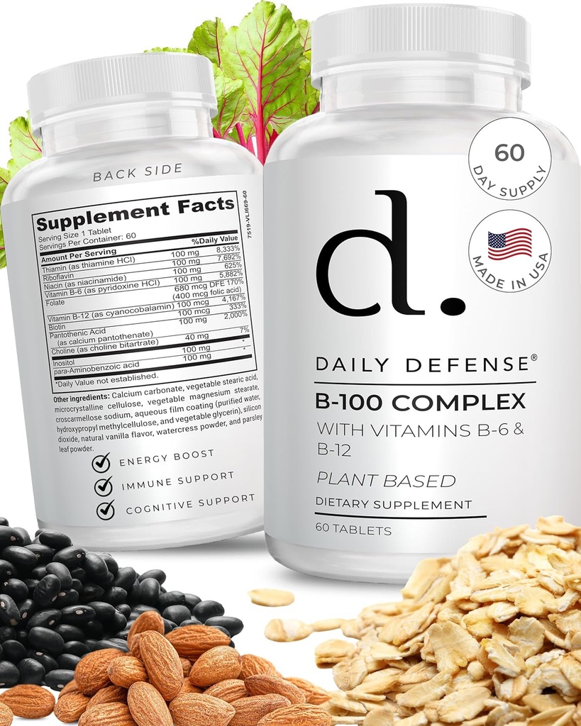 B Kompleks witamin dla mężczyzn i kobiet B- 100 Kompleks z witaminą B- 6, Witamina B- 12, Tiamina, & More - Plant Based Supplements for Immune & Cognitive Support - 60 Tablets