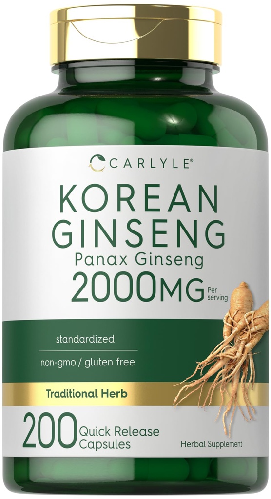 Carlyle Koreański Ginseng Extract Kapsułki 2000 mg kapsułki 124; 200 Kapsułek kapsułki 124; Non-GMO i Gluten Free Formula formuła Xen124; Standardowy suplement Panax Ginseng