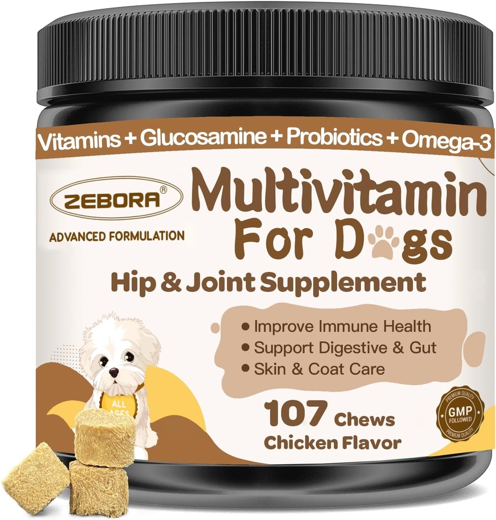 Dog Multivitamin z minerałami dla ogólnego zdrowia - Dog Vitamin i suplementy z glukozaminy, Probiotyki dla szczeniąt i starszych psów z minerałami - Omega 3 Olej rybny dla skóry i płaszcza - 107 żucia