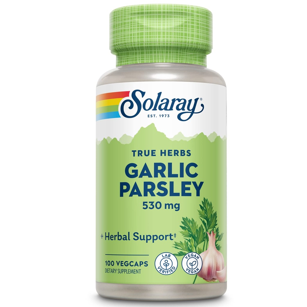 SOLARAY Czosnek Bulb & Pietruszka Liść 530mg 124; Zdrowe funkcje sercowo-naczyniowe i immunologiczne 124; Non- GMO, Wegan & Lab Zweryfikowane 124; 100 VegCaps