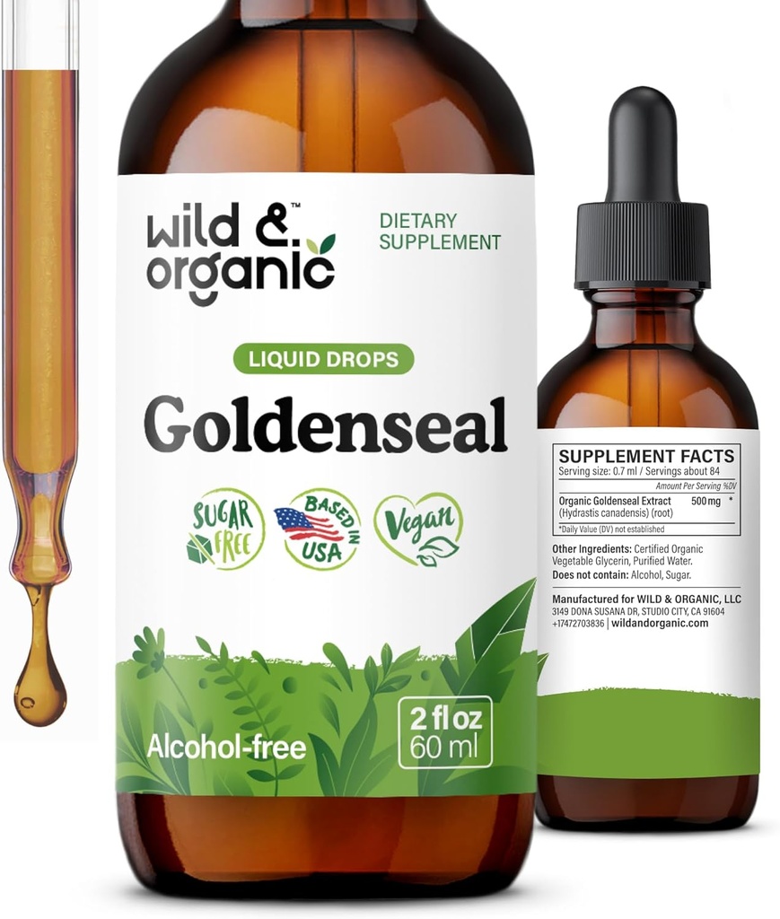 Wild & Organic Goldenseal Root Tincture - Lung Cleanse, Immune & Digestive Supplement - Liquid Goldenseal Supplement - Vegan, Sugar & Alcohol- Free Herb Drops - 2 fl oz