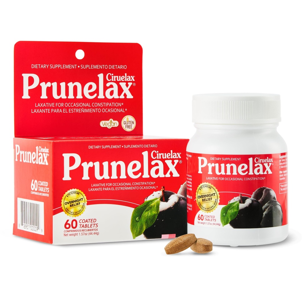 Prunelax Ciruelax Regular Strength Laxative Tablets - Nocna ulga w przypadku sporadycznych zaparć, Senna Extract, Vegan & gluten- Free, Fast- Acting Gentle Relief - 60ct
