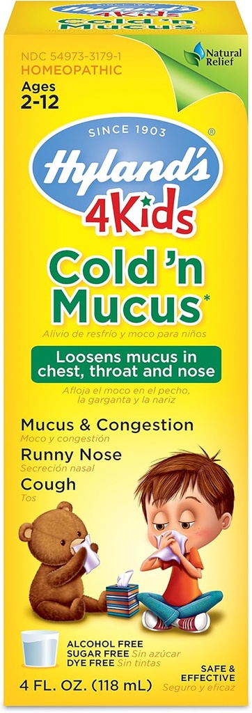 Hyland 's Cold Medicine for Kids Ages 2 and up, Cold' n Mucus Relief Liquid, Natural Relief of Mucus and Congestion, Runny Nose, Cough, 4 Ounces