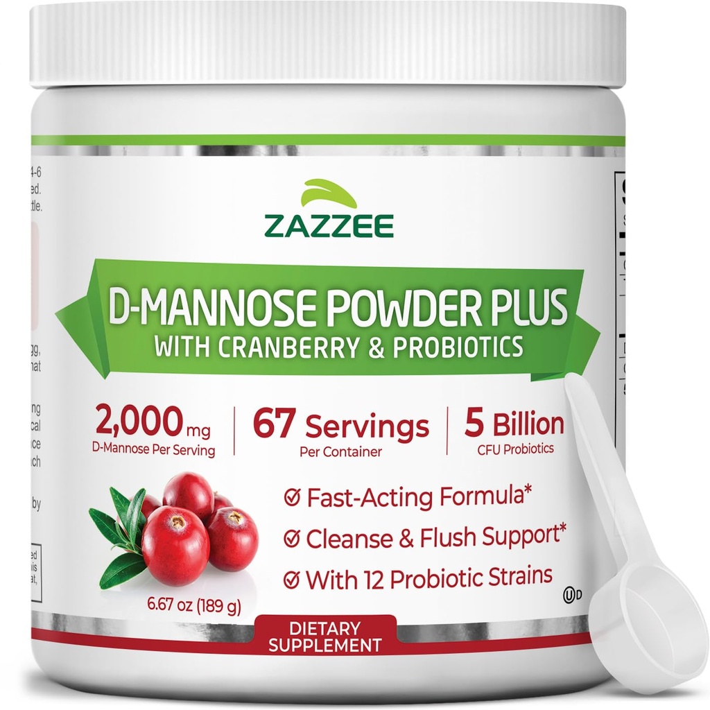 Zazzee D- Mannose Powder Plus, 2000 mg, 67 Służenie, Potent & Fast- aktorstwo, Plus 5 Miliard CFU Probiotyki i czysty ekstrakt soku żurawinowego, Kosher, Free Scoop, 6.5 Oz, Gluten- Free, Non-GMO All- Natural