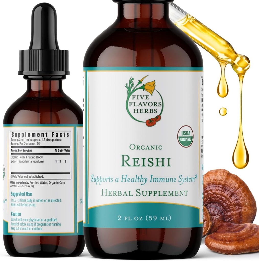 Reishi Tincture - Wsparcie układu nerwowego i immunologicznego, Układ oddechowy, Zdrowie układu sercowo-naczyniowego i Metabolicznego, Skupianie i spokój umysłu, Suplement ziołowy - 2 Fl Oz