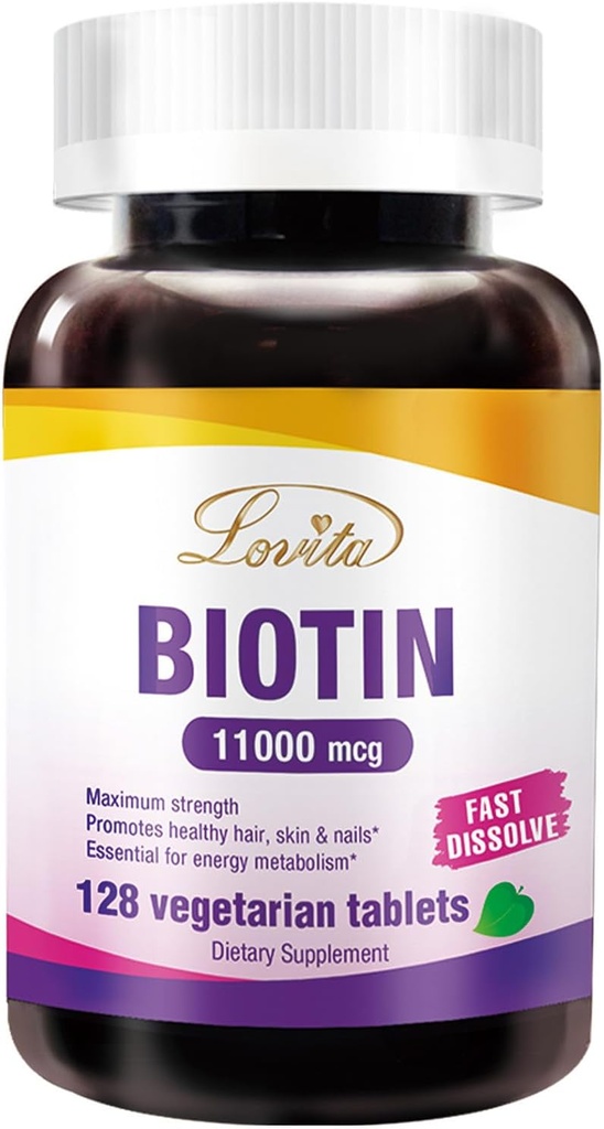 LOVITA Maksymalna moc 11,000mcg Biotin: Szybkie rozpuszczenie, Wegetariańskie tabletki - łatwe wchłanianie, Gluten & Dairy-Free, 128 Weganowe tabletki