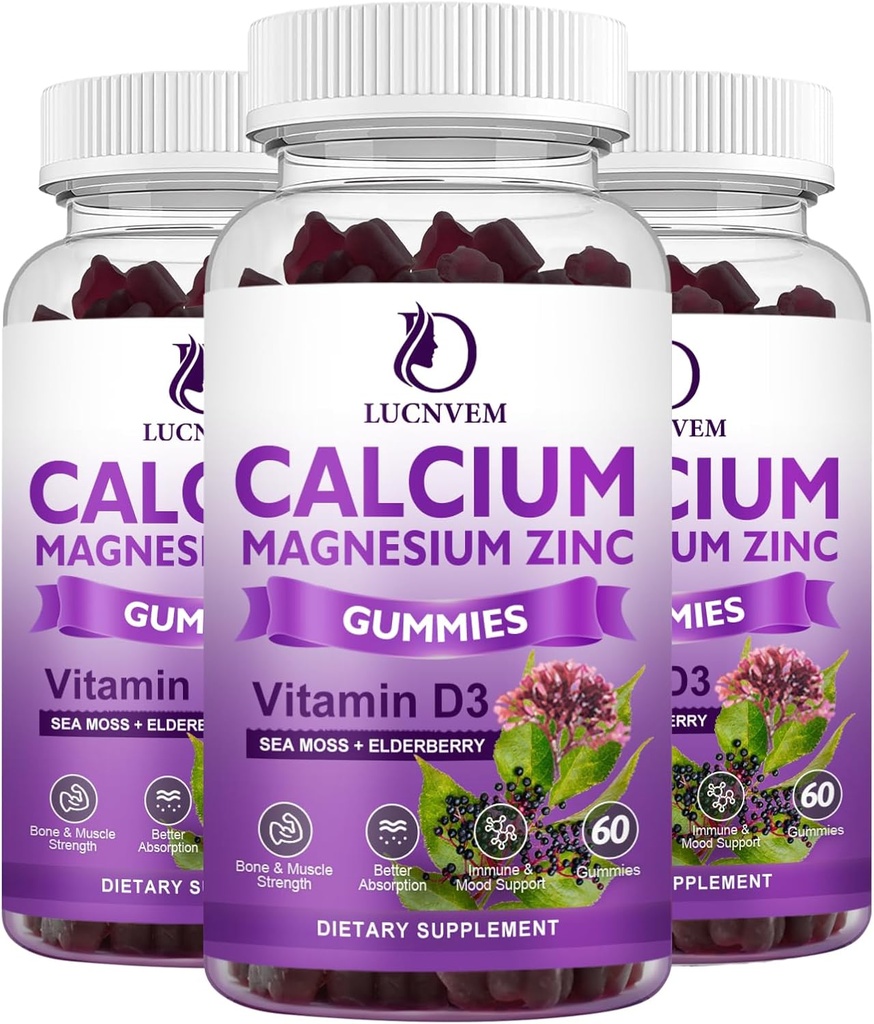 Wapń Magnezu Gummie cynku winn Elderberry i Moss Sea, Wapń Magnezu 2: 1, Zawiera glicynian magnezu, Witamina D3, dla kości, Mięśnie, Spokojny nastrój i wsparcie snu, 60 Gummies (3 opakowania)