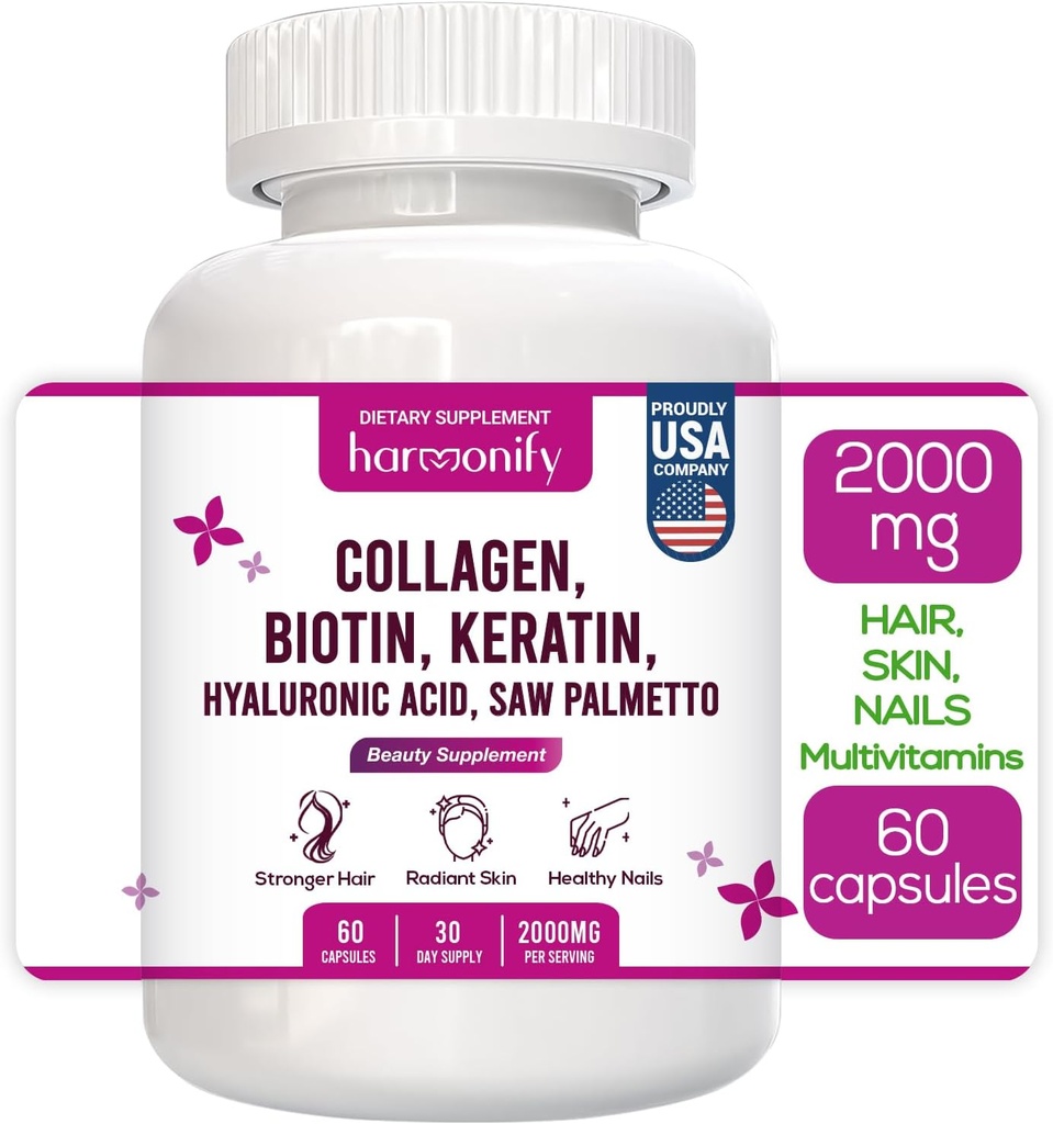 Kolagen Biotin Keratin Hyaluronic Acid Complex Suplement z witaminą E, Kwas foliowy, nasiona dyni i MSM, 60 kapsułki, 1000 mg