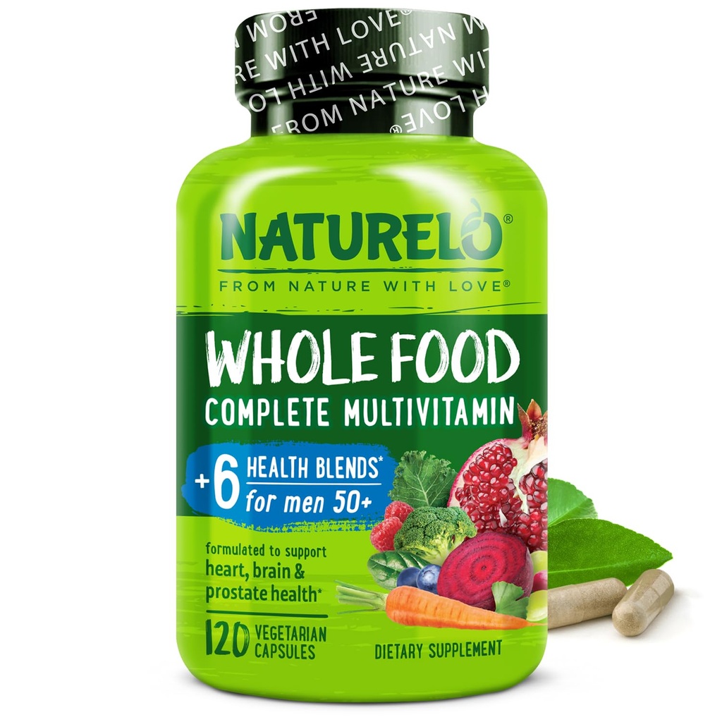 NATURELO Whole Food Multivitamin for Men 50 + - z witamin, minerałów, Organic Herbal Extracts - Vegan Vegetarian - for Energy, Brain, Heart and Eye Health - 120 Kapsułki