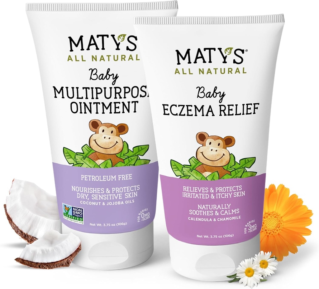 Matys Baby Eczema & Wielofunkcyjny Maintment 2pk Combo dla niemowląt 3 miesiące +, Soothe Eczema & Nourish Suchy Skóra, Steryd / Petroleum wolne, 3.75oz każda rura