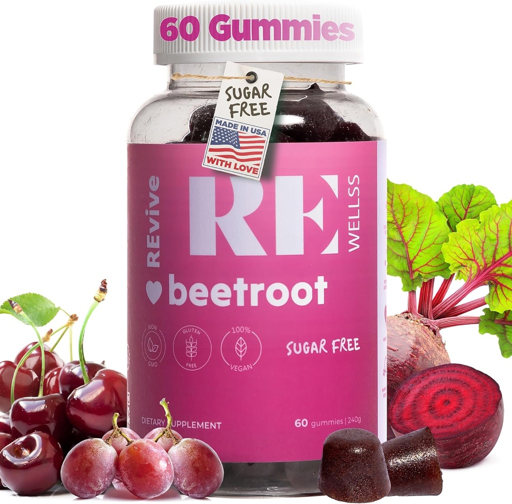 Gummie korzenne buraków z ekstraktem winogronowym Suplementy energetyczne I Bezcukrowe dodatki tlenku azotu dla mężczyzn i kobiet I Ogólne Zdrowie i Ciśnienie krwi Wsparcie I 60 Gummies - Cherry Flavor