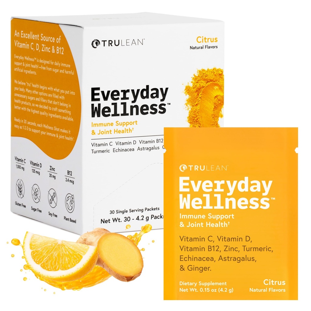 TRULEAN Codzienne Wellness Shot Powder - Kurkuma, Ginger, Witamina C, Immunitet i Immunent Supplement - Brak sztucznych składników, bez cukru i gluten Free - 30 pakietów Citrus Flavor