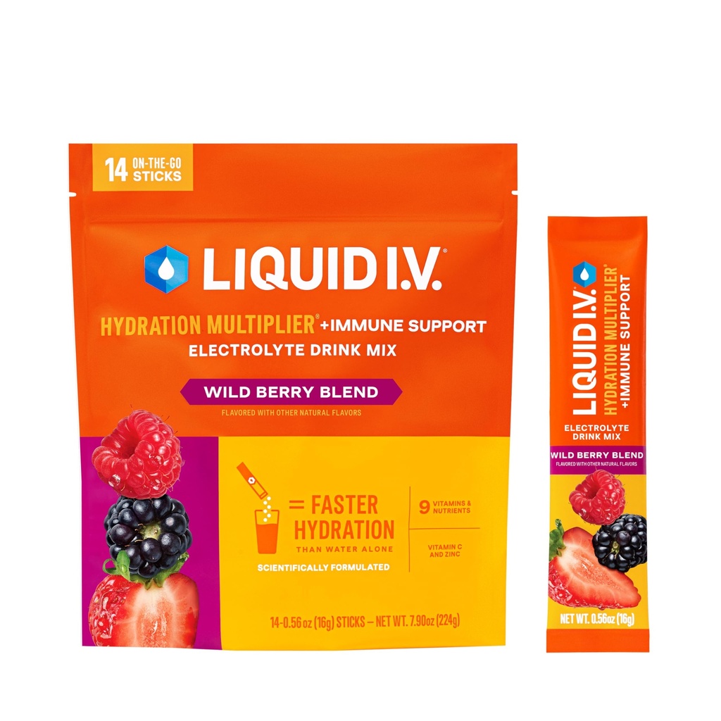 Płyn I.V. ® Nawodnienie mnożnik + wsparcie immunologiczne - Wild Berry Mieszanka 124; Napoje proszkowe elektrolity Mix 124; 1 opakowanie (14 Servings)