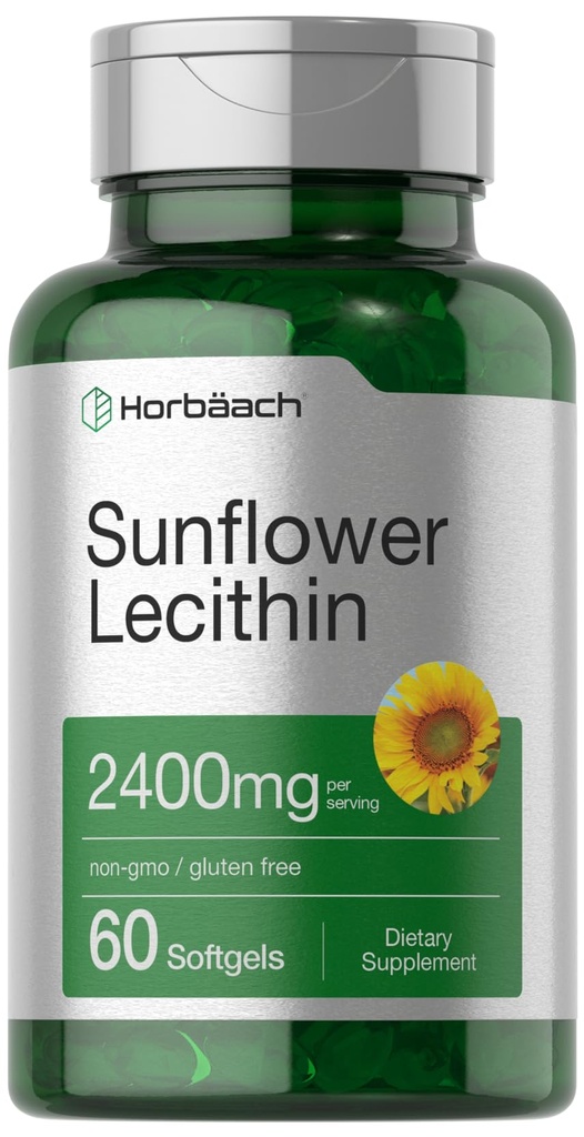 Horbäach Sunflower Lecithina Softgel Kapsułki 124; 2400mg 124; 60 tabletek 124; Naturalny zapas fosfolipidów 124; Non- GMO, Gluten