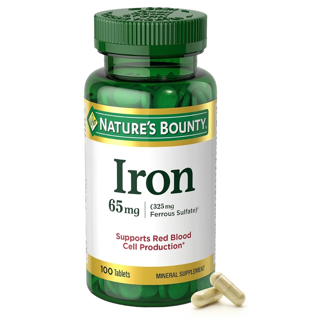 Nature’s Bounty Iron 65mg, 325 mg Ferrous Sulfate, Cellular Energy Support, Promotes Normal Red Blood Cell Production, 1 Serving Per Day, Gluten Free, 100 Vegetarian Tablets