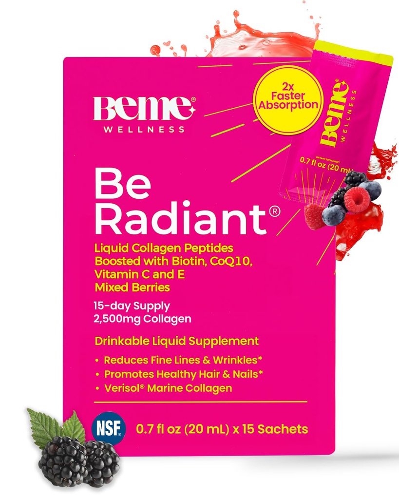 BeMe Beradiant Liquid Collagen Peptyd do włosów, skóry i paznokci z 2X Szybsze wchłanianie - Klinicznie Tested - 2500mg Verisol Zhydrolizowane Kolagen Suplementy dla kobiet z biotyną, CoQ10 i witaminą C