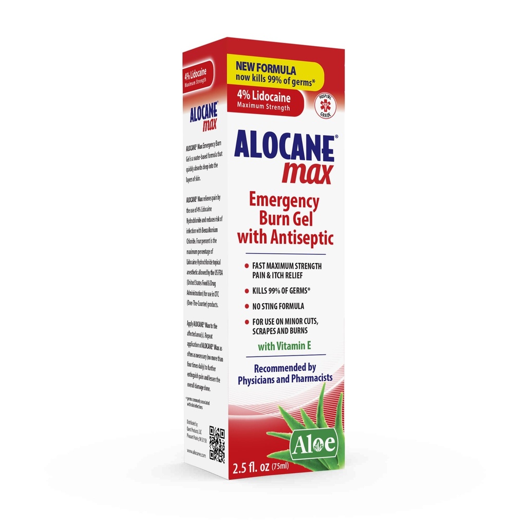 Alocane Max Emergency Burn Gel, 4% Lidokaina Hydrochloride, Antiseptic Kills 99% Zarazków, Maksymalny ból siły i Itch Relief, dla oparzeń słonecznych, First Aid Burn Gel z Aloe Vera- 2,5 fl oz