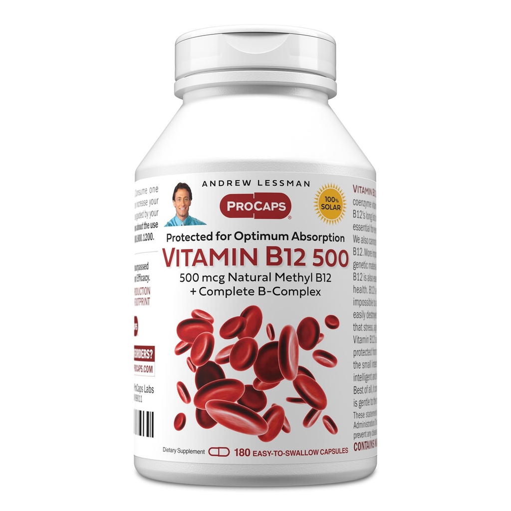 ANDREW LESSMAN Witamina B12 500 180 Kapsułki - Chroniona przed wchłanianiem metylkobalamina (Naturalna Koenzym Witamina B12), Niezbędna do wspierania energii i stresu, Plus B- Complex, Łatwe do połknięcia kapsułki